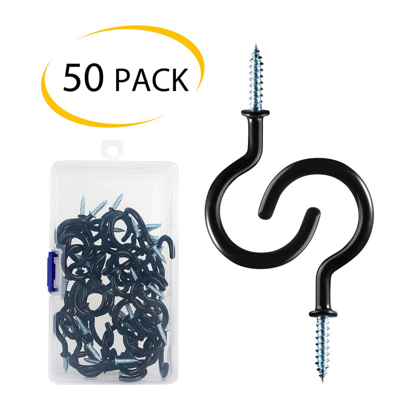 50-Pack Ceiling Hooks, 1-1/4inch Vinyl Coated Screw-in Cup Hooks Hanger for String Lights Curtains Ropes Chains Mugs Indoor and Outdoor Use, Black