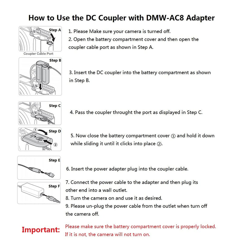 DMW-AC8 DMW-DCC8 AC Power Adapter Replacement of DMW-BLC12 Dummy Battery DC Coupler kit Charger Supply for Panasonic DMC-FZ2500 FZ1000 FZ200 FZ300 DMC-G6 G7 G85 Lumix DC-G90 G95 Cameras