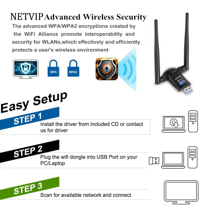 Netvip USB WiFi Adapter AC1200 Dual Band 5.8G 867Mbps/2.4G 300Mbps High Gain Dual 5dBi Antennas,Wireless Network USB 3.0 for Desktop/Laptop/PC,Works with Windows XP/Vista/7/8/10/Mac OS X
