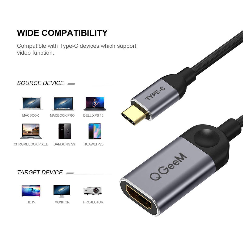 QGeeM USB C to HDMI Adapter 4K Cable, USB Type-C to HDMI Adapter [Thunderbolt 3 Compatible] Compatible with MacBook Pro 2018/2017, Samsung Galaxy S9/S8, Surface Book 2, Dell XPS 13/15, Pixelbook More Grey