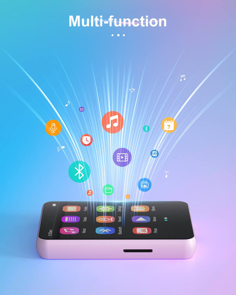 64GB MP3 Player with Bluetooth 5.0, Portable Digital Lossless Music Player with Built-in Speaker, 2.4 in Full Touch Screen, FM Radio, Line-in Voice Recorder, Earphones Included, Support up to 128GB Pink/64GB