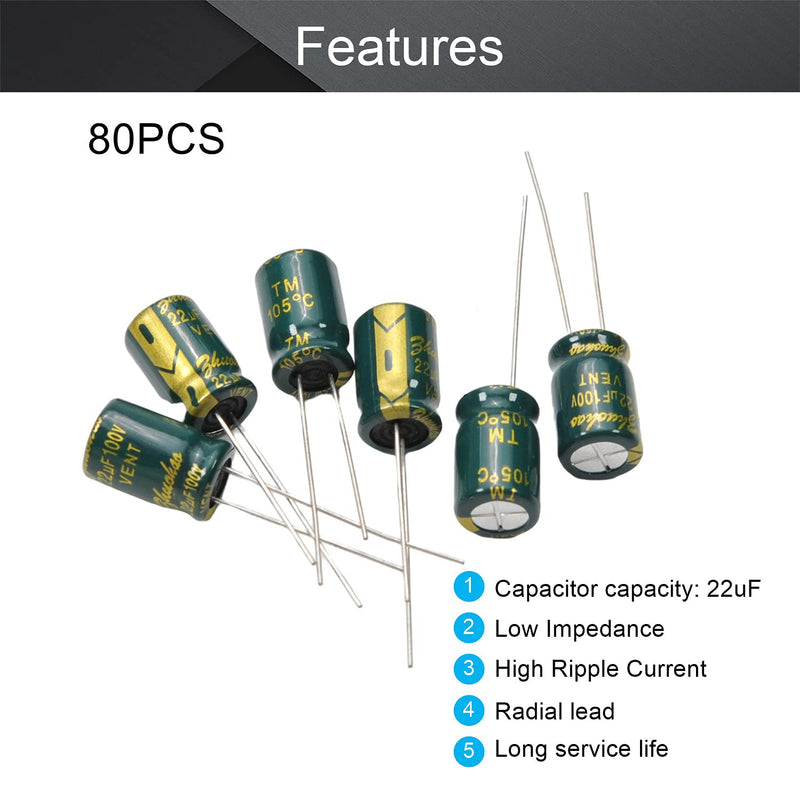 Fielect 80Pcs Aluminum Radial Electrolytic Capacitor 22uF 100V Low ESR Green 8x12mm High Ripple Current,Low Impedance for TV, LCD Monitor, Radio, Stereo, Game