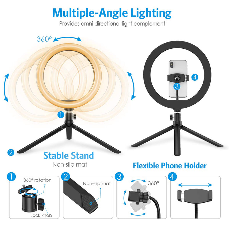 Criacr 10'' LED Ring Light with Tripod Stand, for Live Streaming & YouTube Video, Dimmable Desk Makeup Light for Phpgography, with Cell Phone Holder, 3 Light Modes and 10 Brightness Level