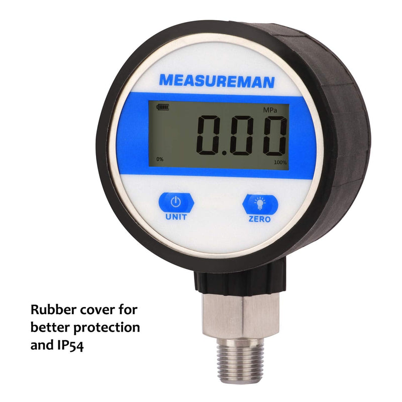 [AUSTRALIA] - MEASUREMAN 2-1/2" dial, Digital Industrial Vacuum Gauge with 1/4"NPT Lower Mount, Stainless Steel case and Connection, 15psi, 1%,Battery Powered, with LED Light 2-1/2" Dial, -15psi vacuum 1% 