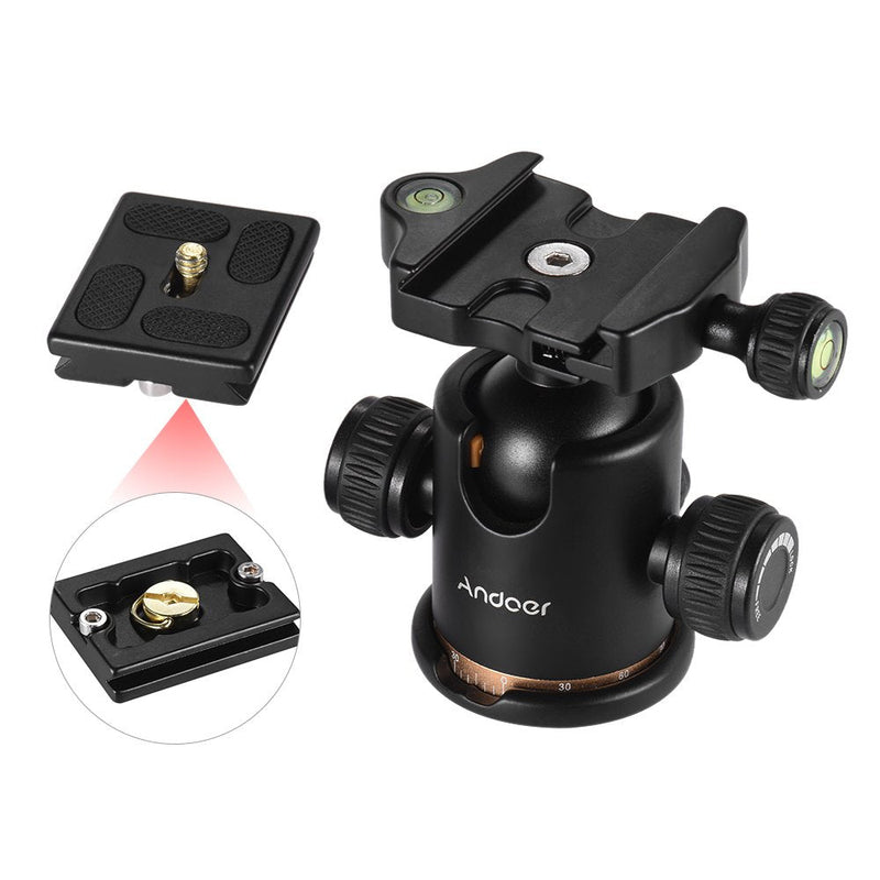 Andoer Tripod Ball Head, 360 Degree Rotating Panoramic Ball Head with Quick Release Plate 1/4 to 3/8 Screw Adapter Max 8kg/17.64lbs for Tripod Monopod Slider DSLR Camera Tripod head Gold