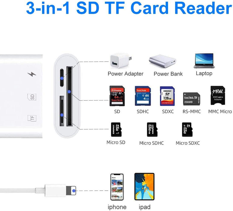 [Apple MFi Certified] Lightning to SD/Micro Card Reader for iPhone/iPad, 3 in 1 Memory Card Reader Adapter with Charging Port, Trail Game Camera SD Card Reader Viewer, No App Required Plug and Play