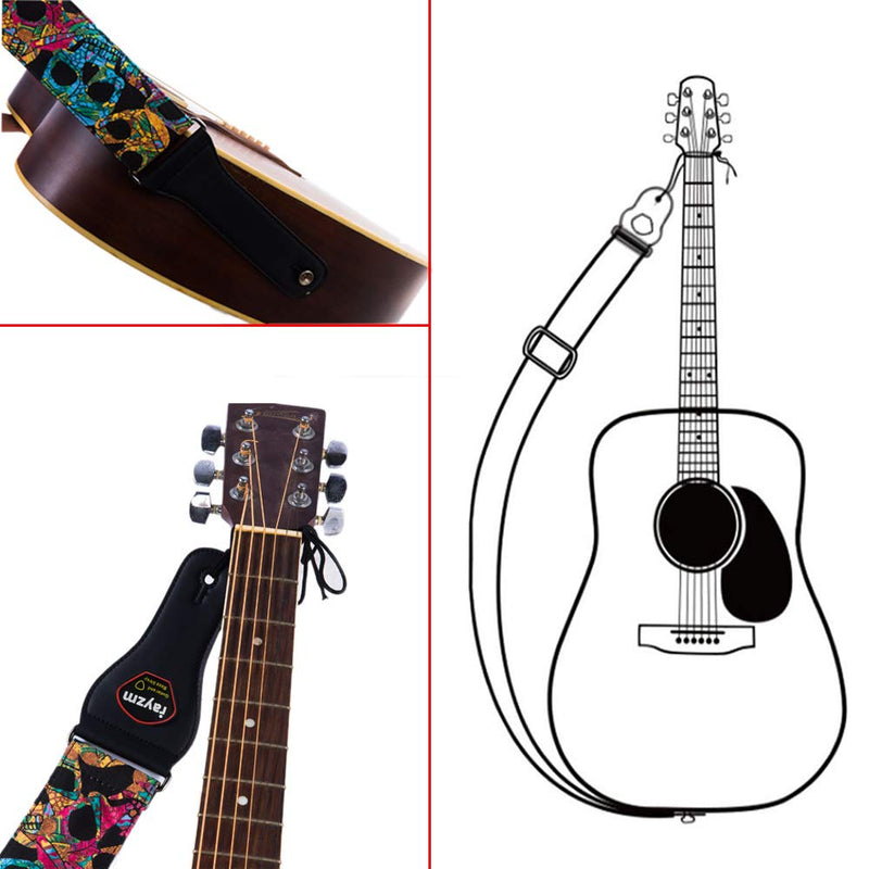 Rayzm Guitar Strap/Bass Strap, Cotton Belt for Acoustic/Electric/Bass Guitar with Pick Pocket & Cool Skull, Adjustable Length, 6.5cm Super Wide for Adults to Play Comfortably (Too Big for Children)