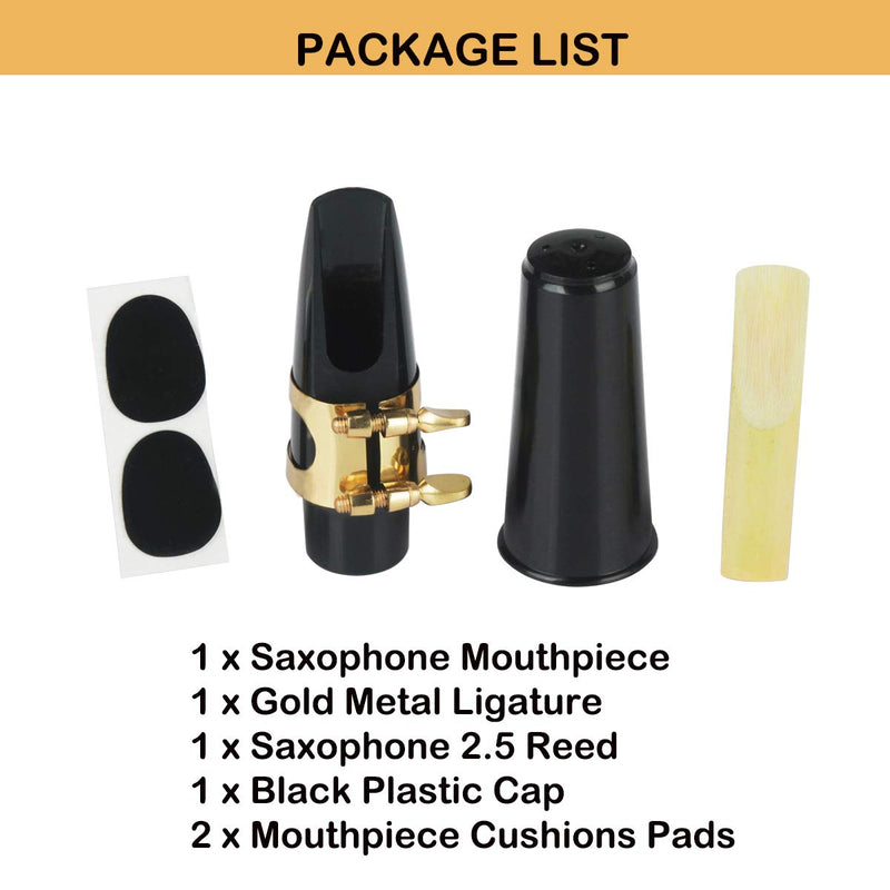 Alto Saxophone Mouthpiece Kit, Saxophone Mouthpiece with Metal Ligature, Saxophone 2.5 Reeds, Cushions and Plastic Cap Black