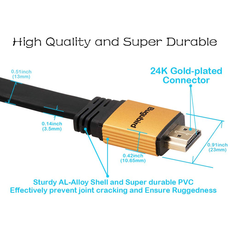4K Flat HDMI Cable 12ft - Bugubird High Speed 18Gbps HDMI 2.0 Cable with Ethernet Support 4K @60Hz Ultra HD 2160P 1080P 3D HDR and Audio Return(ARC) - 3 Colors and Multiple Lengths are Available golden+black