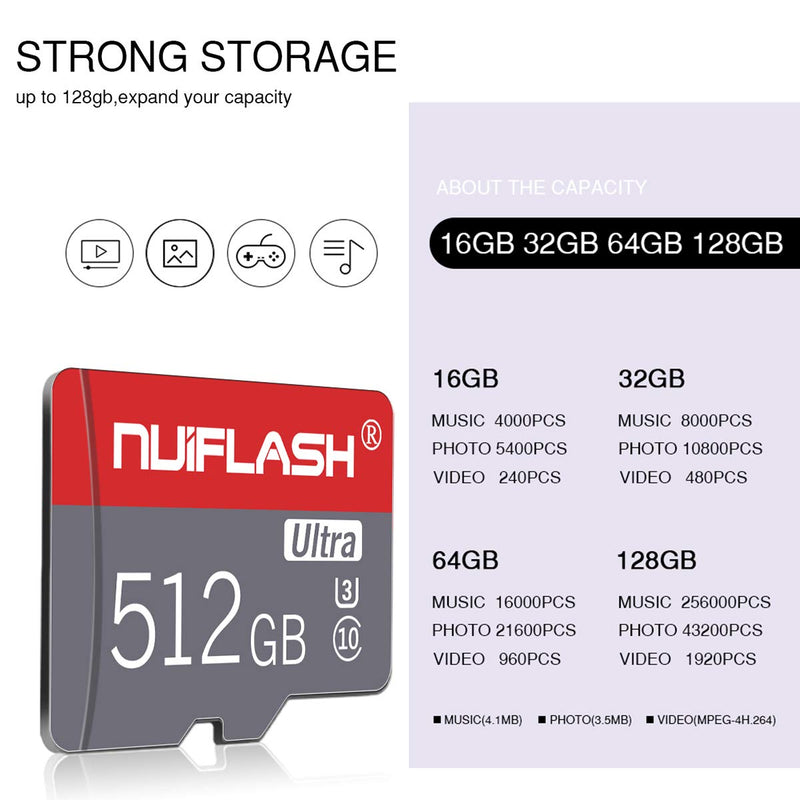 Micro SD Card 512GB Memory Card 512GB TF Card,Class 10 Micro SD Memory Card with Free SD Card Adapter,Designed for Android Smartphones,Tablets and Others