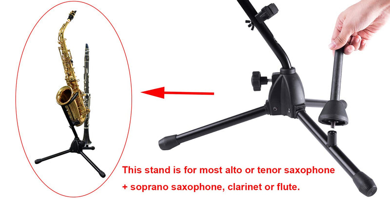 Rayzm Alto/Tenor Saxophone Stand with Detachable Flute/Clarinet Holder, Adjustable Portable Stand for Alto Saxophone, Tenor Saxophone, Clarinet & Flute. Folding Legs, Easy to Assemble and Disassemble.