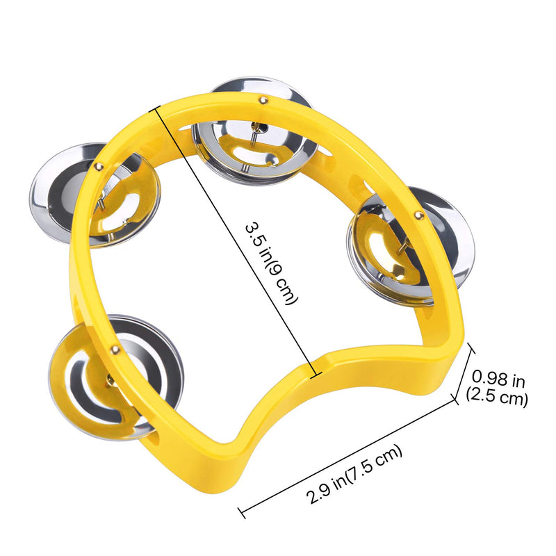 Flexzion Tambourine for Kids Hand Bell Percussion Toddler Musical Instruments Set of 2 Pack (Yellow) - Baby Child Safe Music Toy Half Moon Mini D Handheld Shaker with 4 Pairs Metal Jingle Bells Yellow