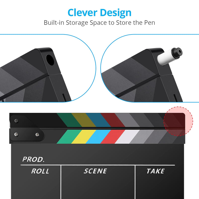 Temery Acrylic Film Clapper Board -12 x 10in Plastic Movie Film Clap Board, Movie Theater Decor Clapboard with a Magnetic Blackboard Eraser, Two Custom Pens, Cleaning Cloth and Hexagonal Wrench