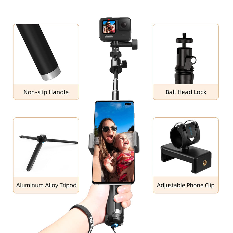 AFAITH 35.4" Latest Version Selfie Stick Tripod Kit for GoPro, Aluminum Alloy Waterproof Extension Pole Rod Monopod with Ball Head Stable Tripod Phone Holder Clip for GoPro Hero 10/9/8/7/6/5/4 Black