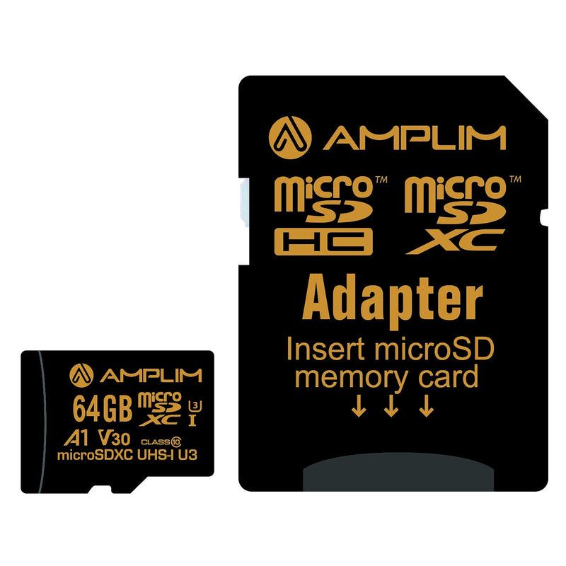 Amplim 64GB Micro SD Card, MicroSD Memory Plus Adapter, MicroSDXC SDXC U3 Class 10 V30 UHS-I TF Extreme High Speed Nintendo-Switch, Go Pro Hero, Surface, Phone Galaxy, Camera Security Cam, Tablet Black 64GB