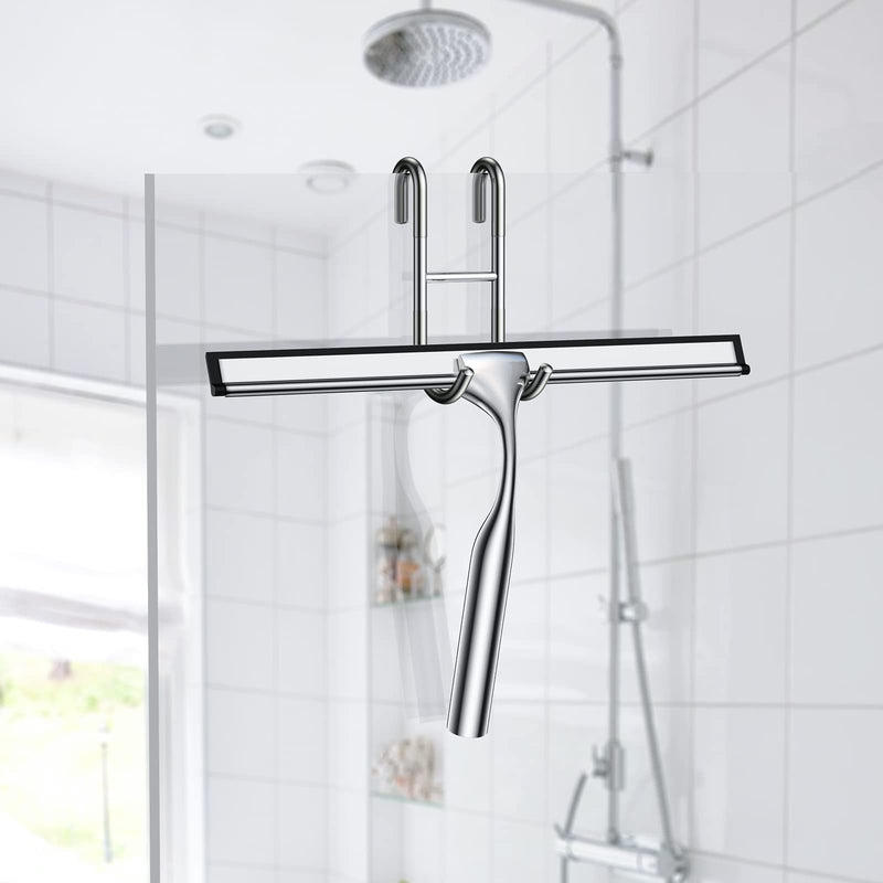 Shower Squeegee for Glass Door 12-Inch Stainless Steel Bathroom Squeegee Window Wiper, Includes Shower Door Hook, Adhesive Hook, and Spare Silicone Blade for Window Mirror Car All-Purpose Squeegee Silver