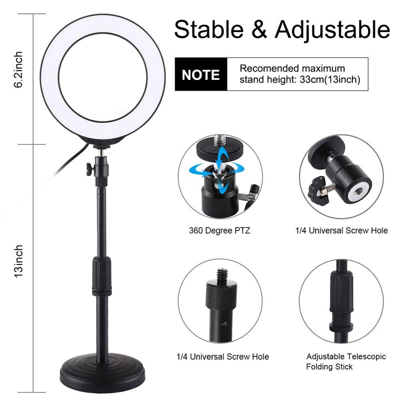 Andoer LED Ring Light with Round Base Desktop Mount with Cold Shoe Tripod BallHead or Studio Photography Video Shooting