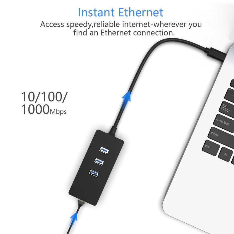 ICZI USB C Hub Ethernet Adapter with 3 USB 3.0 Splitter and RJ45 Gigabit Ethernet Hub Supporting 10/100/1000 Mbps Network Black (USB-C)
