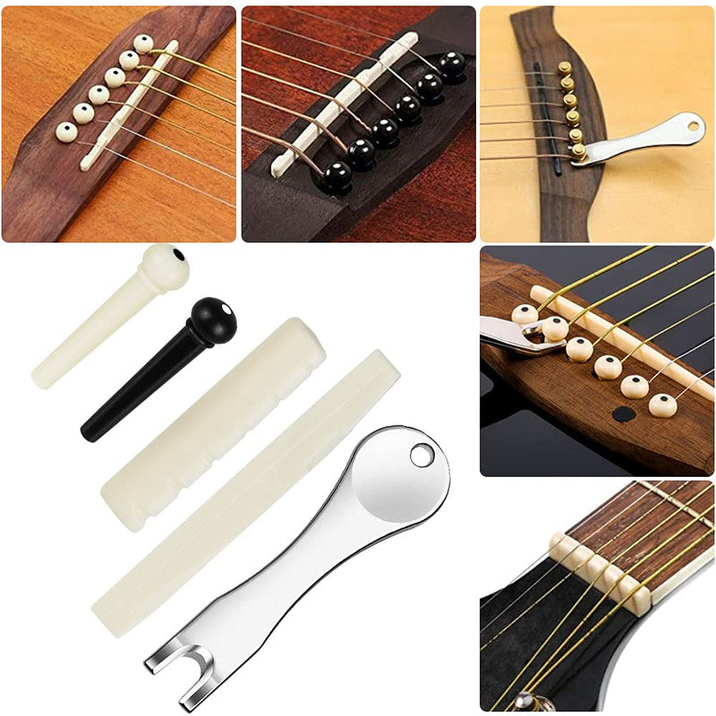 BUENTYA 15 Pcs Guitar Bridge Pins Set, Acoustic Guitar Bridge Pins Pegs Bridge Pin Puller Remover with 12 Pcs Guitar Bridge Pins 1Pcs Guitar Pins Puller 1 Pcs Upper Nut and 1 Pcs Bottom Saddle