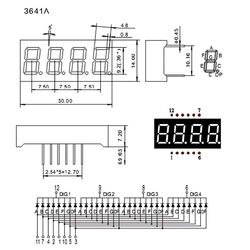 uxcell Common Cathode 12 Pin 4 Bit 7 Segment 1.18 x 0.55 x 0.28 Inch 0.35" Red LED Display Digital Tube 5pcs