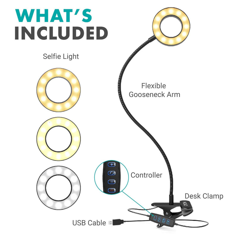 Movo VGC-1 Flexible Selfie Ring Light, 3 Lighting Modes, 10 Brightness Settings, Adjustable Neck, USB Connection - Perfect for Live-Streaming, Makeup Tutorials, Vlogging, TikTok Filming and More