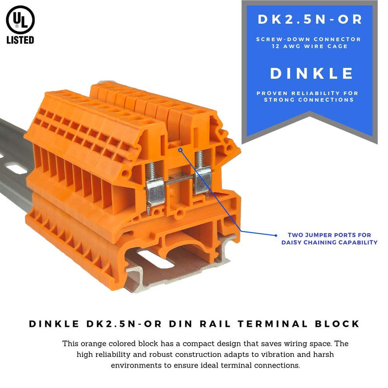 Dinkle Orange DK2.5N-OR DIN Rail Terminal Block Screw Type UL 600V 20A 12-22AWG, Pack of 100