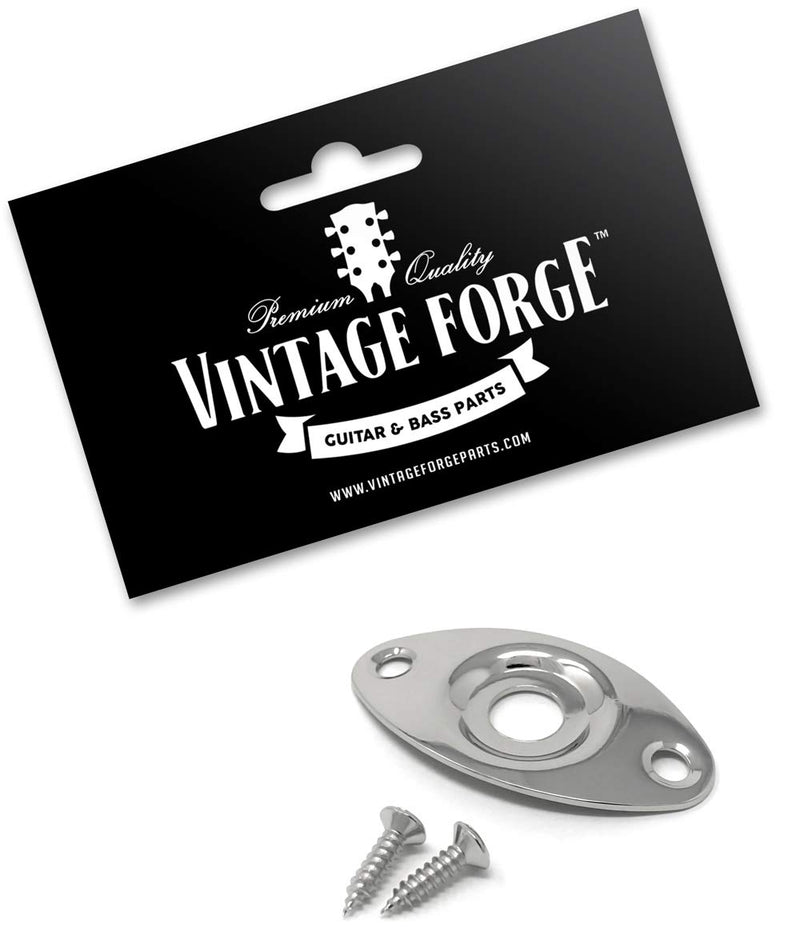 [AUSTRALIA] - Vintage Forge Chrome Oval Jack Plate for Guitar and Bass with Screws Metal Indented Curved Football Shape JPF20-CHR 