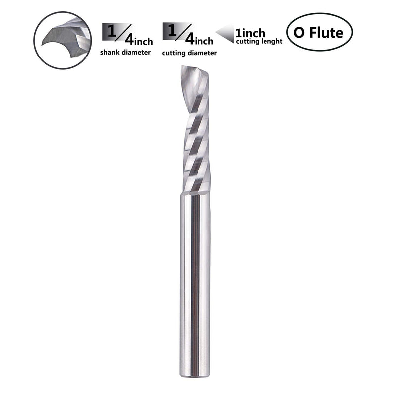 SpeTool Single Flute (O Flute) Spiral End Mill Aluminum Cutter Carbide Router 1 inch Cutting Length with 1/4Inch Shank for Aluminum Acrylic PVC MDF Plastic