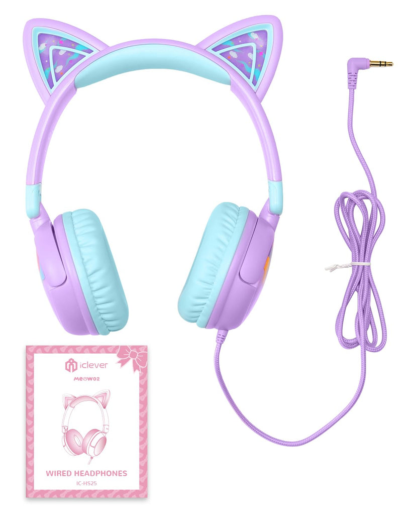 iClever Kids Headphones Cat Ear, LED Light Up, 85dBA Safe Volume, Stereo Sound Toddler Headphones for Travel School, Foldable 3.5mm Wired Kids Headphones for iPad Tablets, Meow Lollipop-Purple Purple