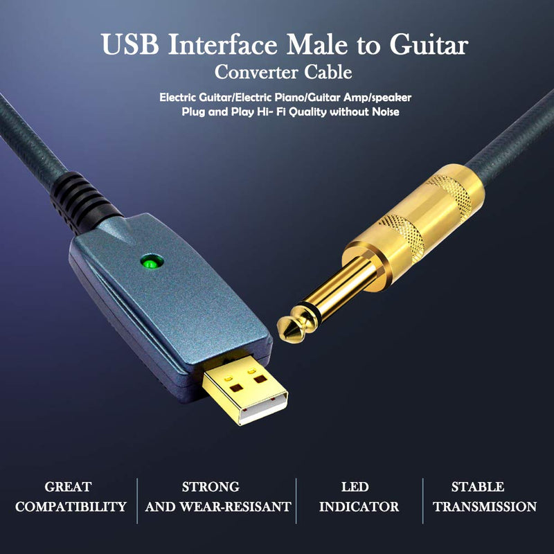 [AUSTRALIA] - USB Guitar Cable, USB Guitar Interface Male to 6.35mm 1/4 Inch TS Mono Electric Guitar Converter Cable, USB Guitar Cable to Computer for Instruments Recording and Improving (Gold-Plated/10ft) 