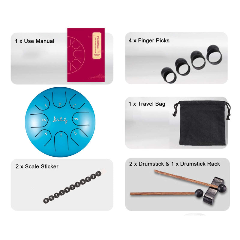 Mulucky Steel Tongue Drum 8 Notes 6 Inch Percussion Instrument C-Key Handpan Drum with Drum Mallets Note Stickers Mallet Bracket and Gig Bag - Sea Blue
