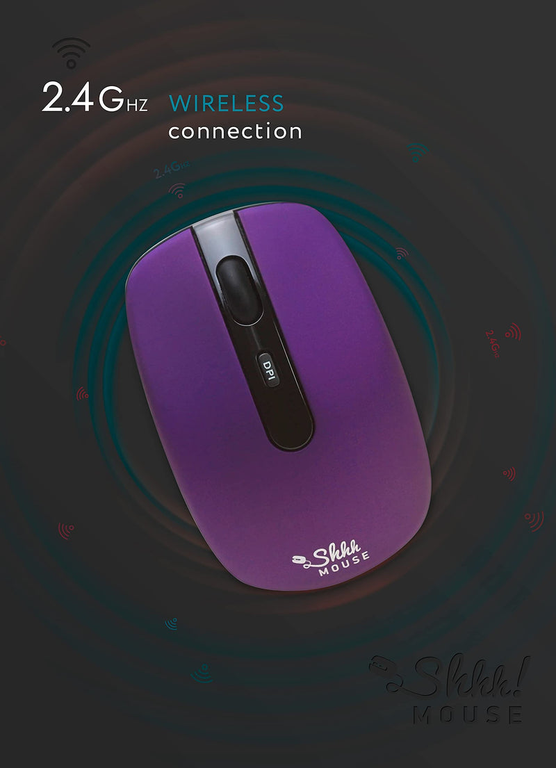 ShhhMouse Wireless Silent Noiseless Clickless Mobile Optical Mouse with USB Receiver and Batteries Included, Portable and Compact, for Notebook, PC, Laptop, Chromebook, Computer, MacBook (Purple)