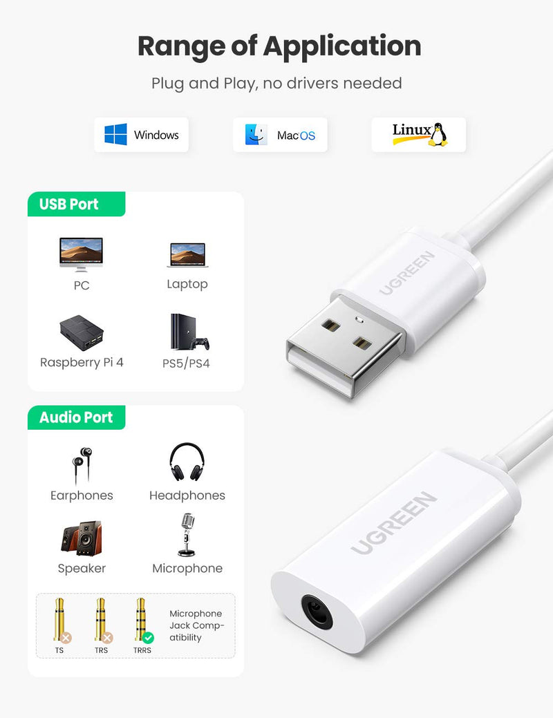 UGREEN USB External Sound Card Audio Adapter with 3.5mm Combo Aux Stereo Converter for Headset Mac PS5 PC Laptop Desktops Windows and Linux White