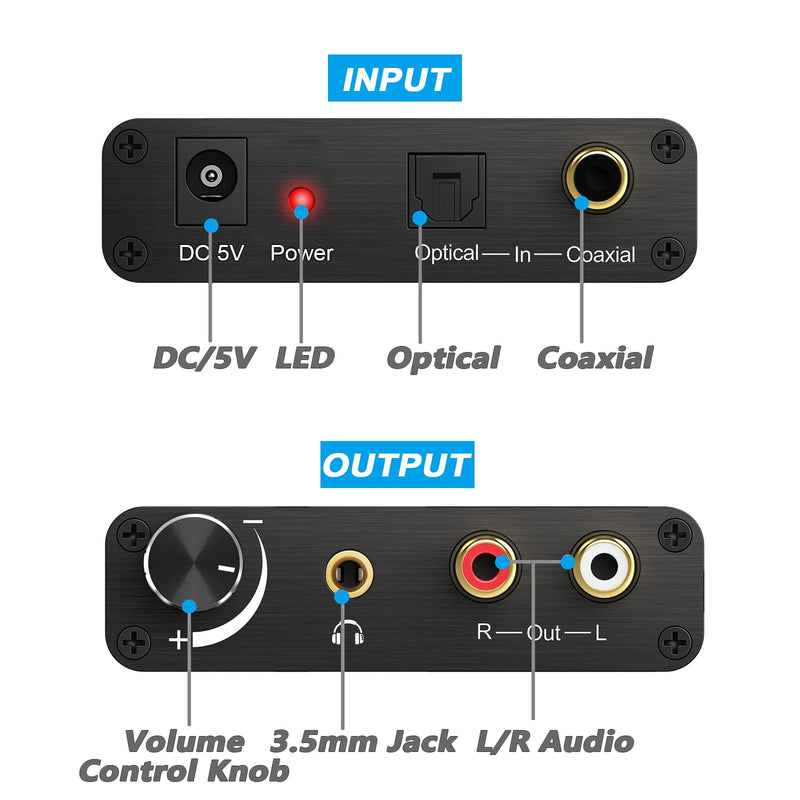 192kHz DAC Converter eSynic Digital to Analog Converter Volume Control Digital Optical Coaxial Toslink to Analog Stereo L/R RCA 3.5mm Audio Adapter with Power Plug for DVD PS3 PS4 TV Amps Home Cinema