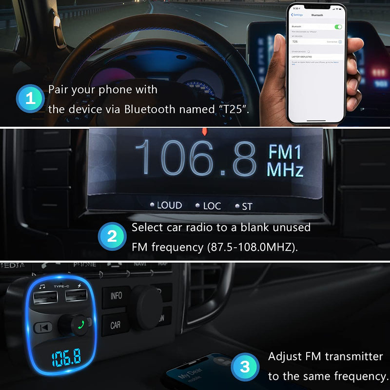 (2021 Version) LENCENT FM Transmitter, Bluetooth FM Transmitter Wireless Radio Adapter Car Kit with Dual USB Charging Car Charger MP3 Player Support TF Card & USB Disk