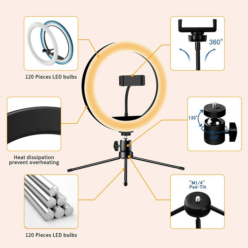 LED Selfie Ring Light 10" with Tripod Stand & Phone Holder for Live Streaming & YouTube Video, Dimmable Desk Makeup Ring Light for Photography, with 3 Light Modes & 10 Brightness Level