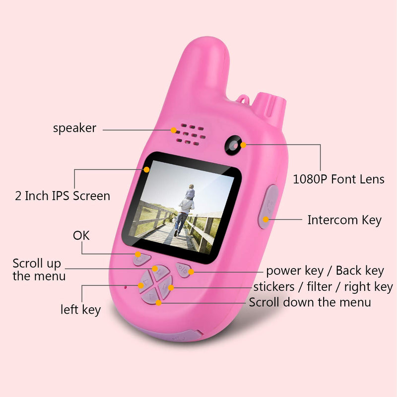 MYPIN Kids Camera with Walkie Talkies, 2 in 1 Toy Walkie Talkies for Kids with 8MP Dual Lenses Camera /2.0 inch IPS Screen and 32GB SD Card for Girls Boys (Pink) Pink