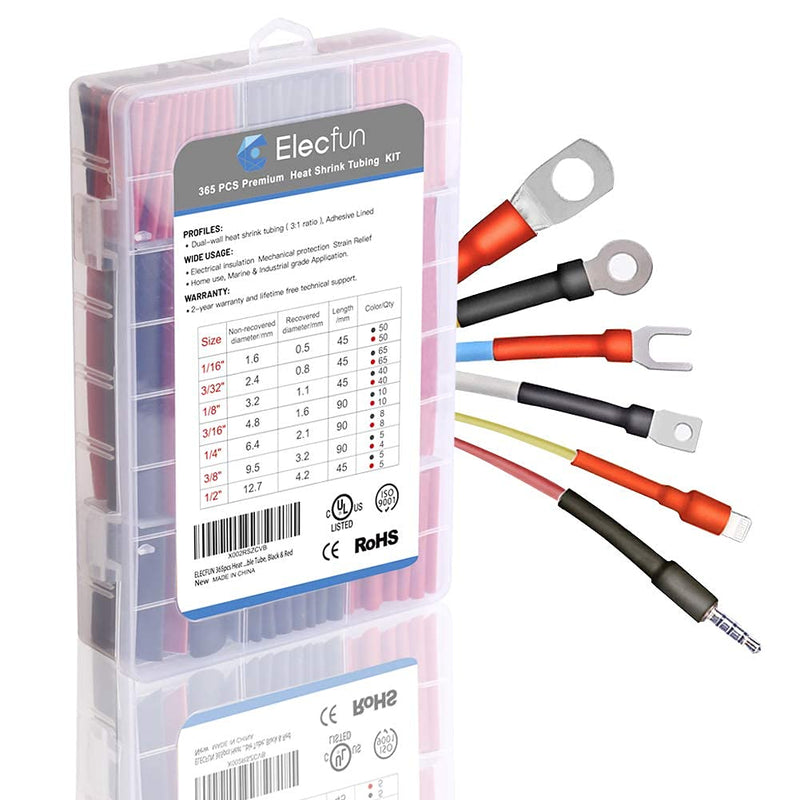 Waterproof Heat Shrink Tubing Kit 365 pcs, ELECFUN 3:1 Dual Wall Tube - Adhesive Lined Heat Shrink Tubing Marine and Industrial Heat-Shrink Tubing Black/Red, 7 Sizes 0 KIT365