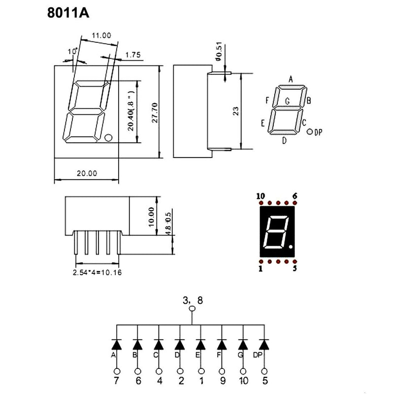 uxcell Common Cathode 10 Pin 1 Bit 7 Segment 1.1 x 0.79 x 0.35 Inch 0.8" Red LED Display Digital Tube 5pcs