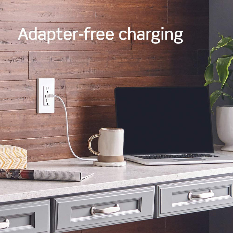 Leviton T5635-W USB Dual Type-C with Power Delivery (PD) In-Wall Charger with 15 Amp, 125 Volt Tamper-Resistant Outlet, White