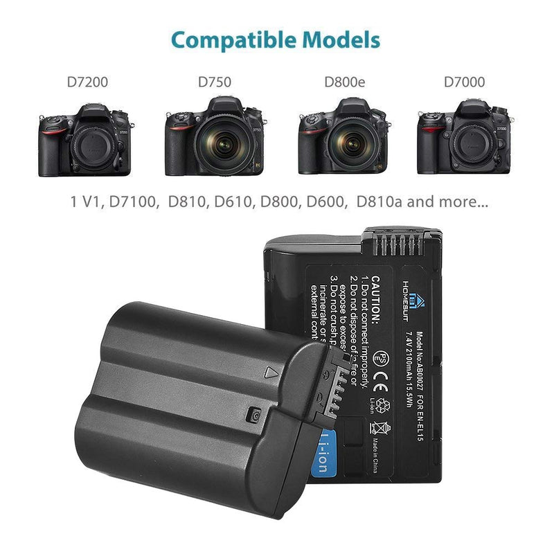 Artman 2-Pack EN-EL15 EN-EL15A EN-EL15b Batteries and USB Dual Charger Set for Nikon D750,D7500,D7000,D7100,D7200,D780,Z6,Z7,Z50,D850,D800,D800e,D810, D810a,D600,D610,D5600,D500 1 v1,Cameras(2100mAh)