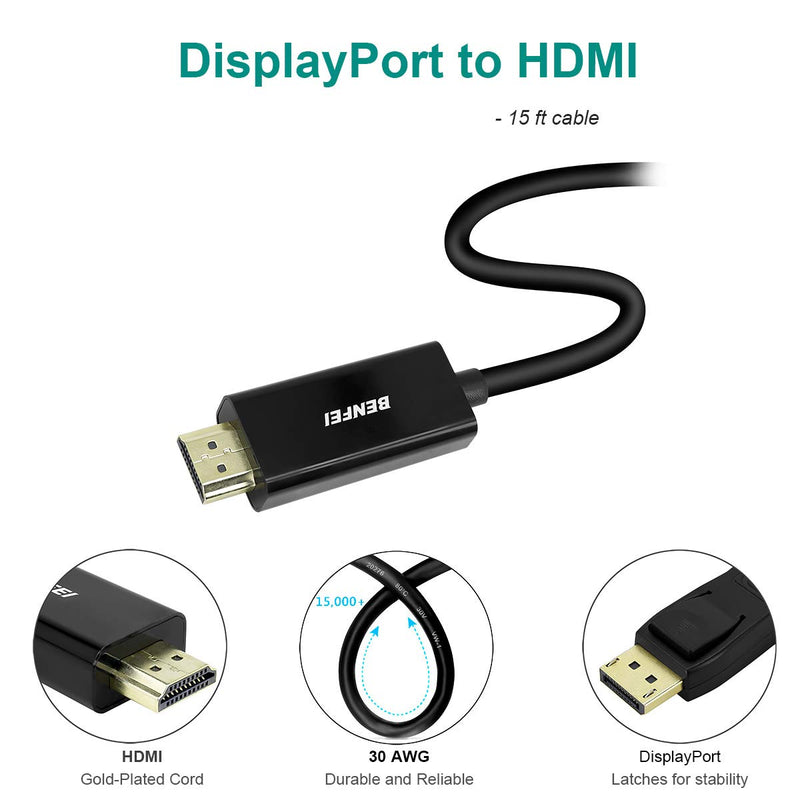 DisplayPort to HDMI 15 Feet Cable, Benfei DisplayPort to HDMI Male to Male Adapter Gold-Plated Cord Compatible with Lenovo, HP, ASUS, Dell and Other Brand 1 PACK