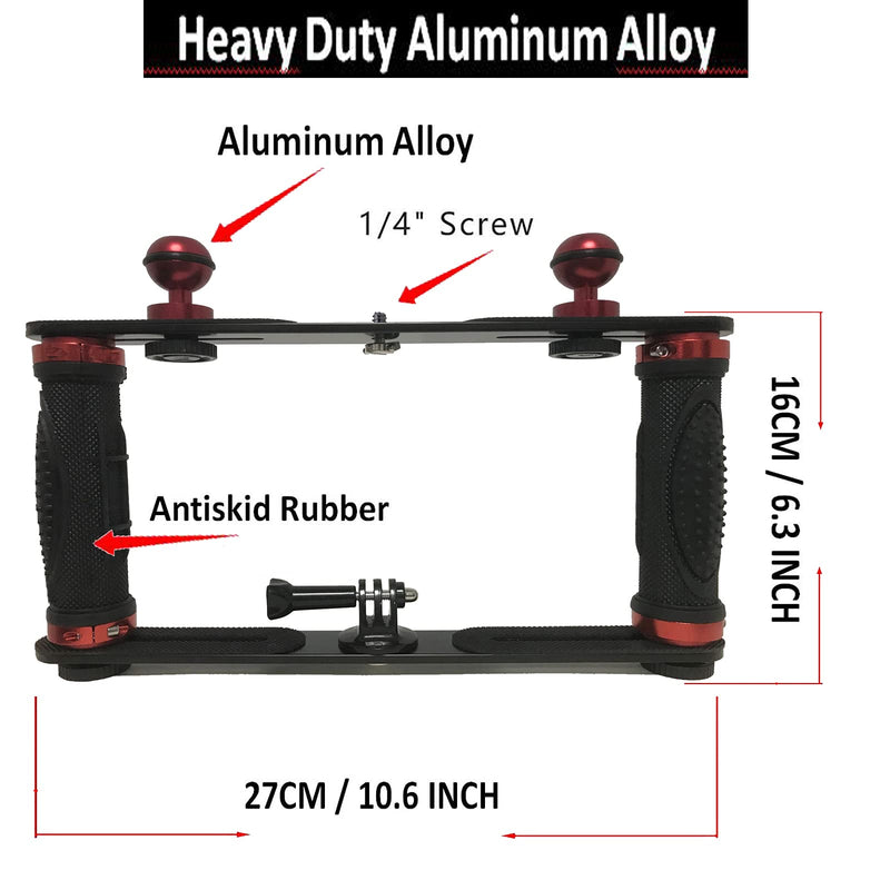 Aluminium Alloy Underwater Video Light Stabilizer Tray Dive Light Stand Tray with Two Aluminum Alloy 1'' Ball Handle for Action Camera and Any Other Camera with 1/4 inch Screw Hole