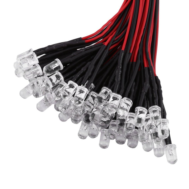 50Pcs 3/5mm Pre-Wired Water Clear Flash LED Diodes White Red Yellow Light DC 9-12V(5mm-White Light) 5mm White Light