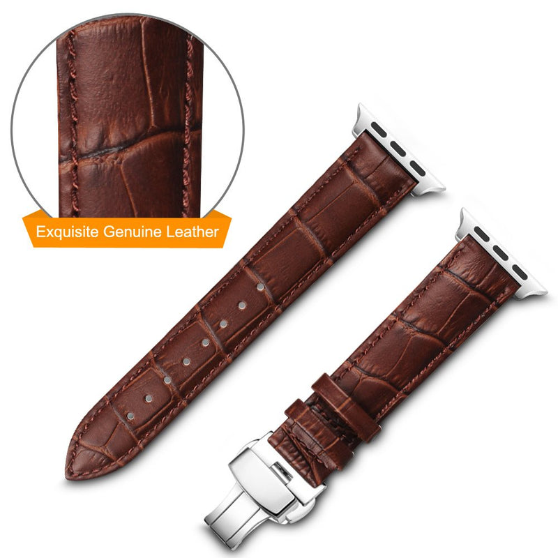 Fintie Leather Band Compatible with Watch 44mm 42mm, Replacement Wrist Bands with Adjustable Butterfly Buckle Compatible with Watch Series 5 Series 4 Series 3 Series 2 Series 1 - Brown 42mm/44mm