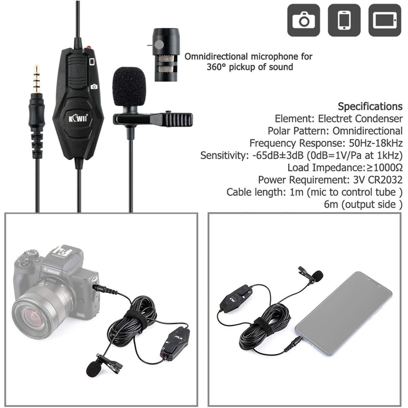 KIWIFOTOS Lavalier Microphone, Professional Clip-on Lapel Mic Omnidirectional Condenser with 7M Cord for Camera/Smartphone for Recording Interview Video Vlog Conference Podcast Voice Dictation Single-Head Mic