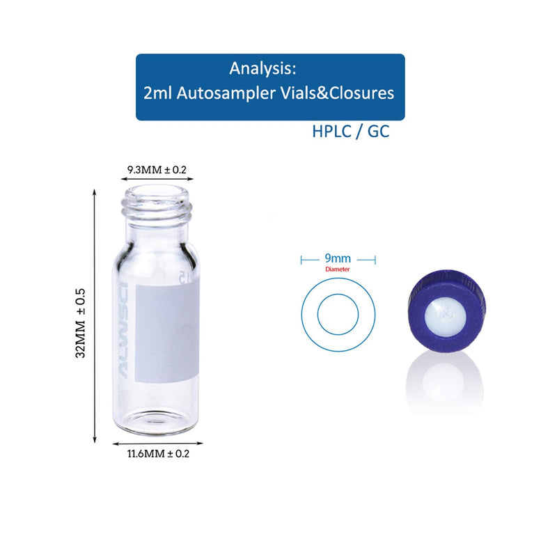 ALWSCI 2ml Clear Autosampler Vial, HPLC Vial with Writing Area, 9-425 Screw Cap, 9mm Blue PTFE & White Silicone Liner, 100pcs/pk Clear with Blue PTFE White Silicone
