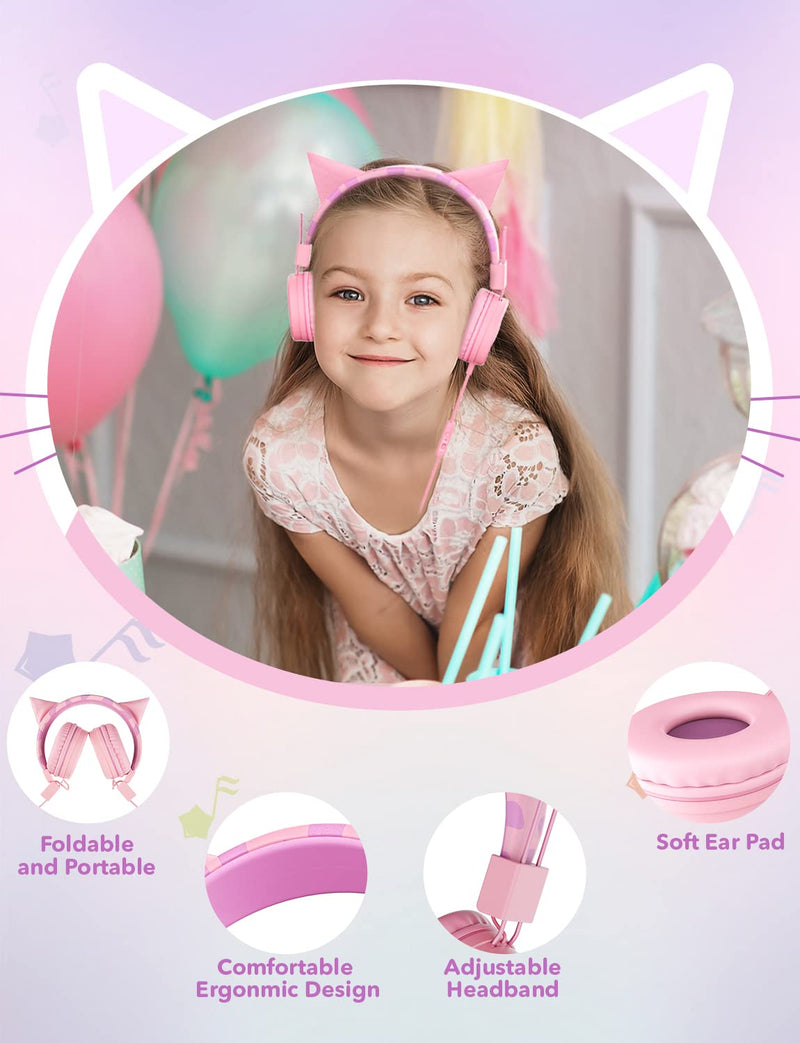 SIMJAR Cat Ear Kids Headphones with Microphone for School, Volume Limiter 85/94dB, Wired Girls Headphones with Foldable Design for Online Learning/Travel/Tablet/iPad (Pink) Pink