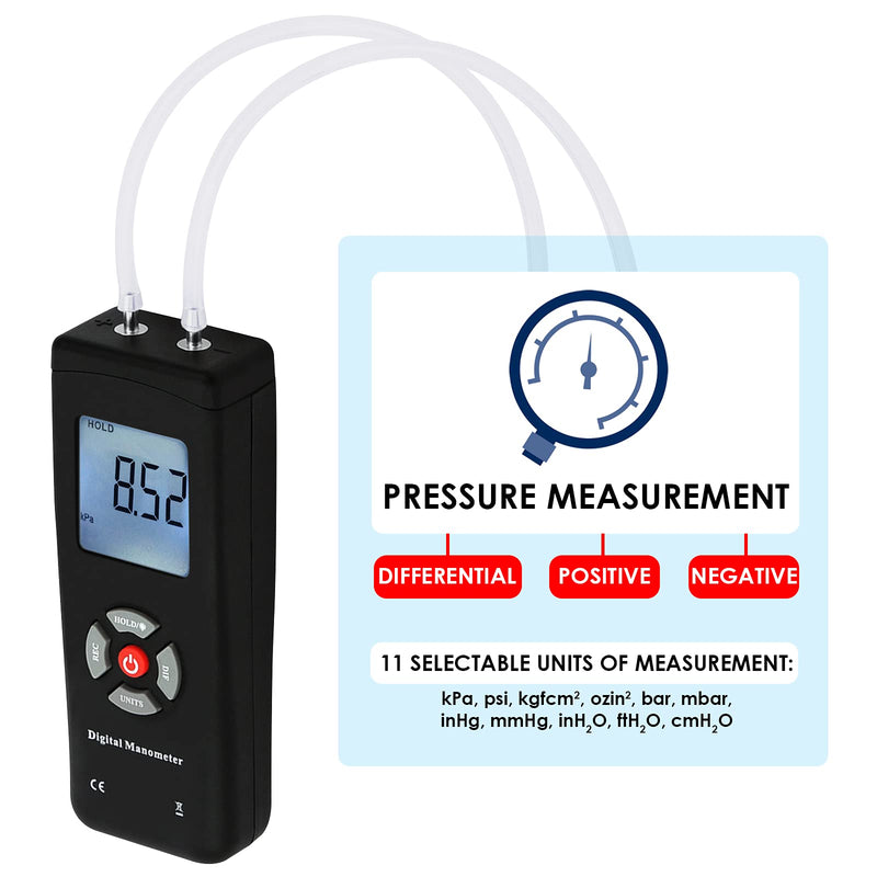 Digital Manometer Dual-Port HVAC Gas Air Pressure Meter Gauge Differential Pressure Manometer Large LCD with Backlight