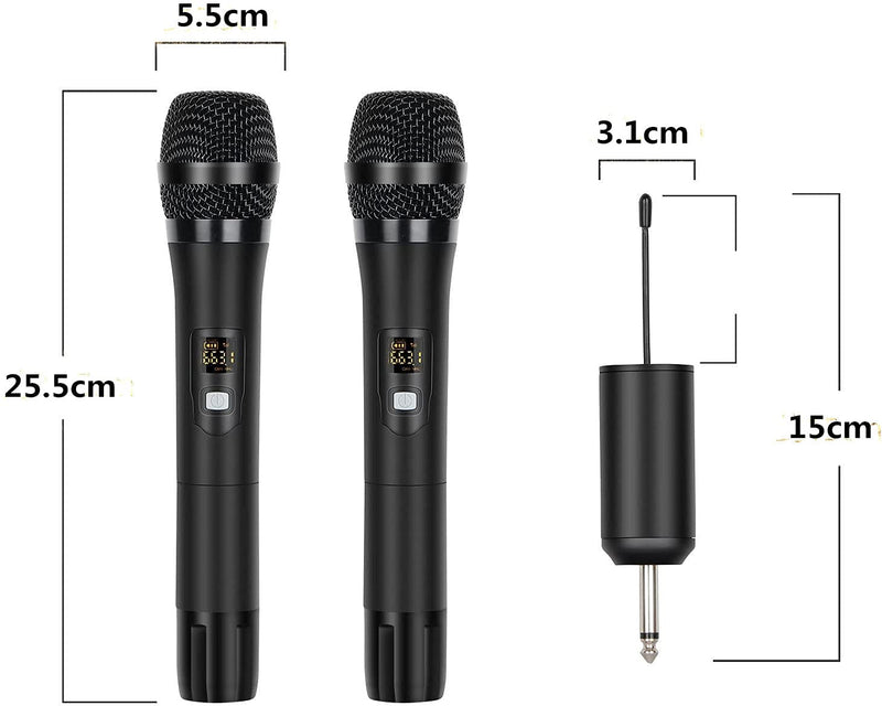 Wireless Microphone UHF Metal Dual Handheld Dynamic Mic Karaoke System with Rechargeable Receiver, 1/4” Output, for Amplifier, PA System, Party Singing, Karaoke, Church - Bomaite W2, Black